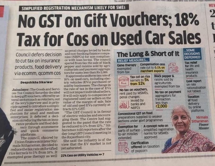 No GST on Gift Vouchers, 18% Tax on Used Cars, and Simplified GST Registration for SMEs